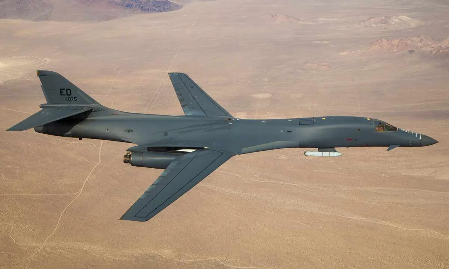 A B-1B Lancer carrying an AGM-158 Joint Air-to-Surface Standoff Missile (U.S. Air Force photo by Ethan Wagner)