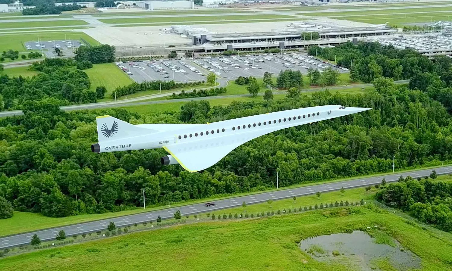 Overture airliner landing in Greensboro rendering (Boom)