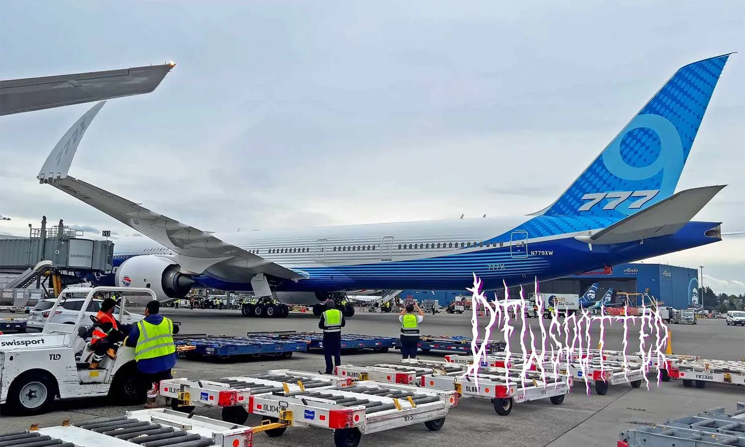 Boeing 777-9 test aircrat at Seattle-Tacoma Airport (DFW Spotter video screenshot)