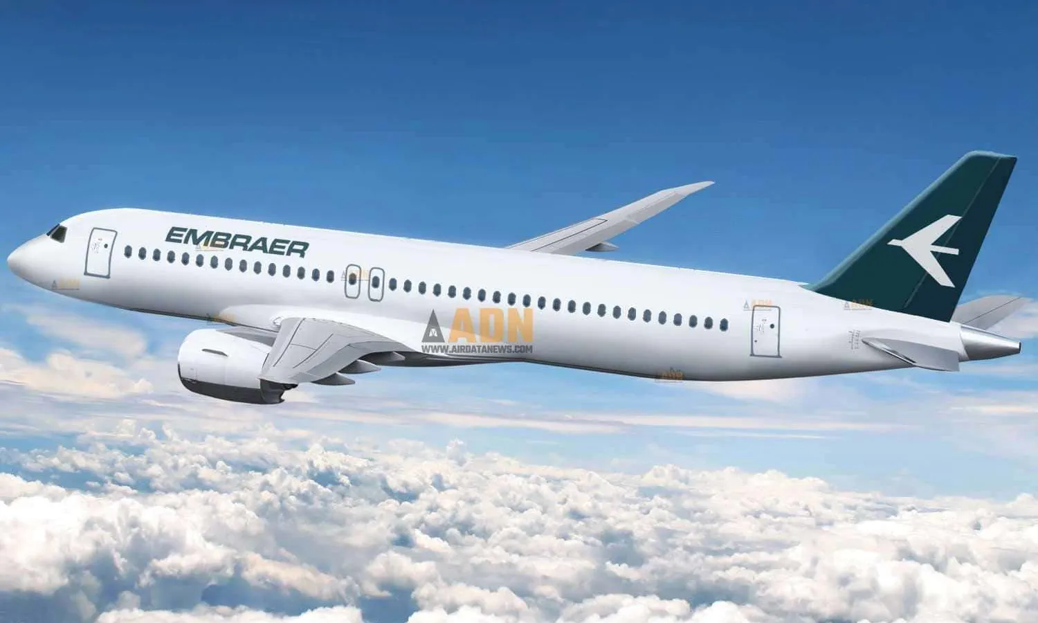 Fictional concept of an Embraer narrow-body jet (Air Data News rendering over an Embraer image)