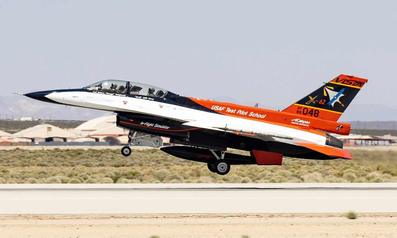The X-62A Vista takes off from Edwards with the Secretary of the US Air Force on board (USAF)