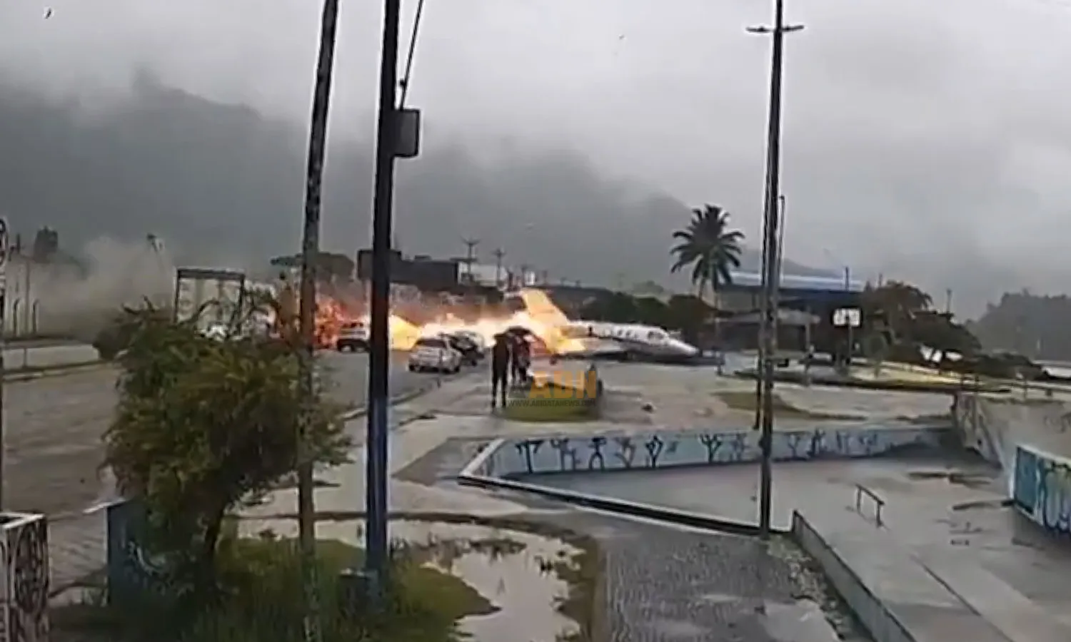 The aircraft was unable to stop after landing, invaded a road and stopped in the water (Social media)