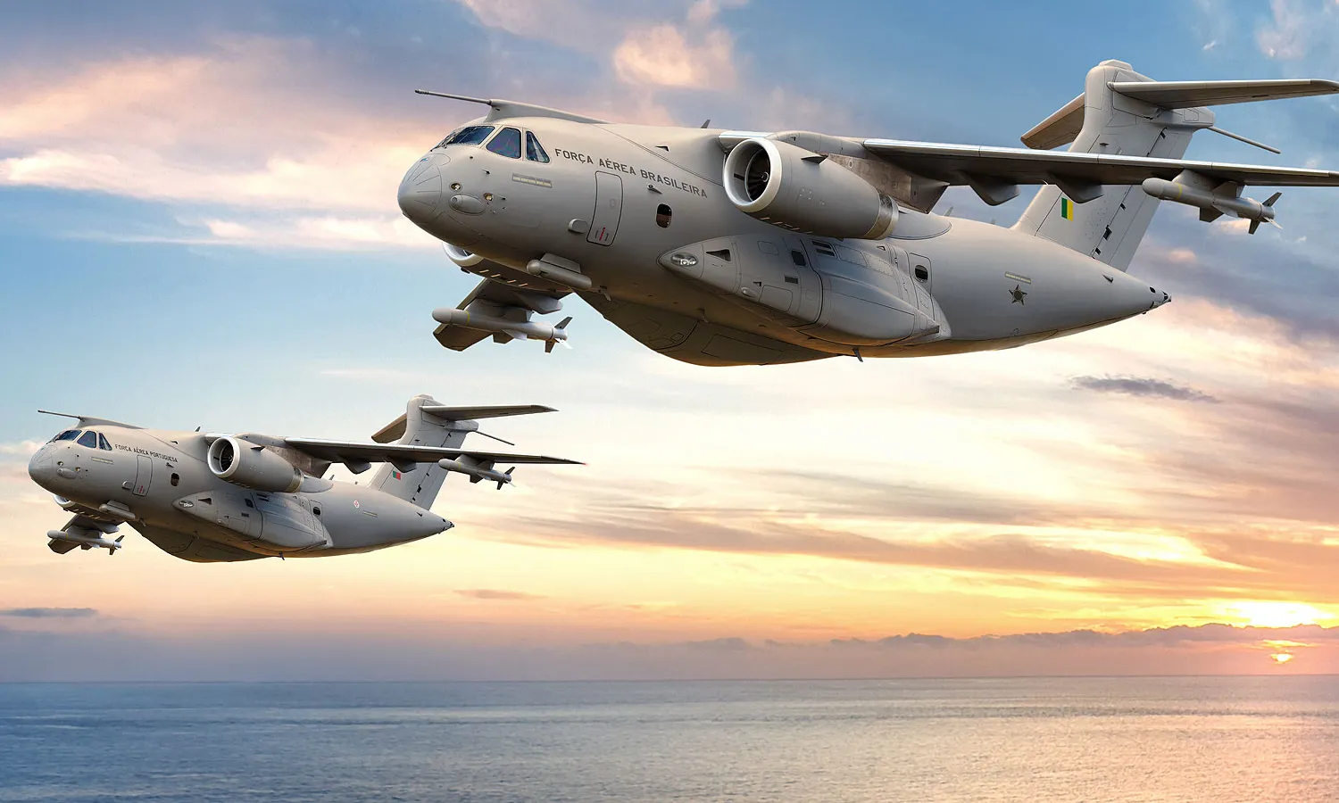 Rendering of the KC-390 maritime patrol and reconnaissance aircraft in the colors of Portugal and Brazil (Embraer)