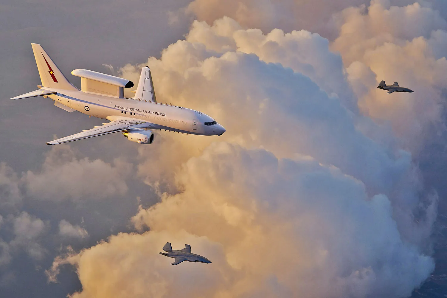 Depiction of an E-7 and two MQ-28 Ghost Bats (Boeing)